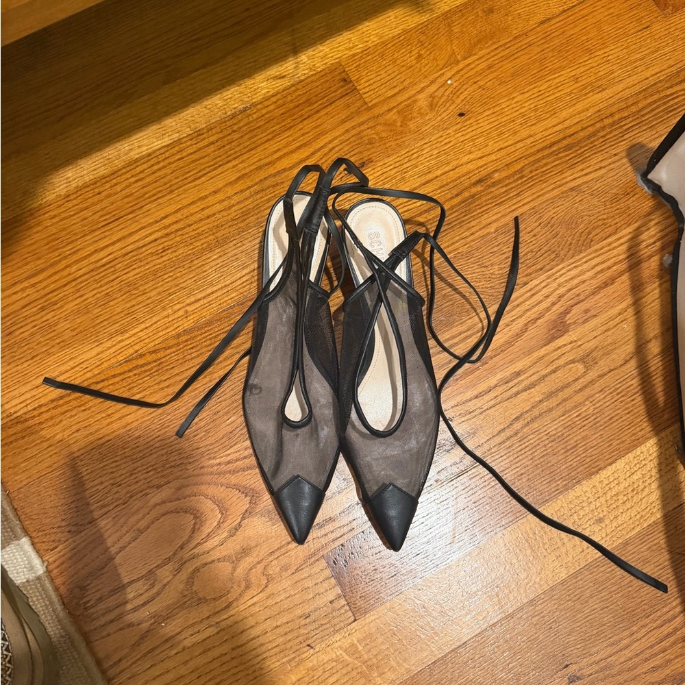 Pointed Mesh Lace-Up Slingback Heels in Black